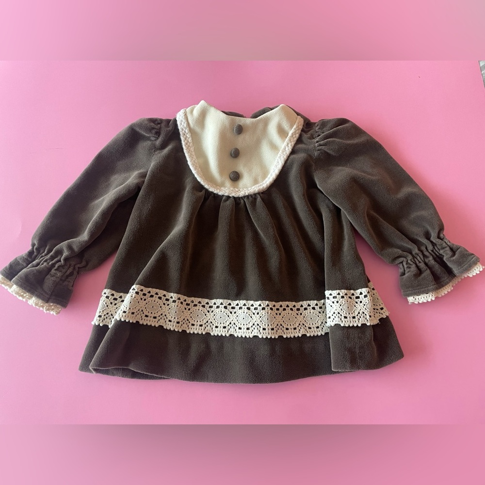 Vintage Charming Brown Velvet Baby Dress with Lace Accents